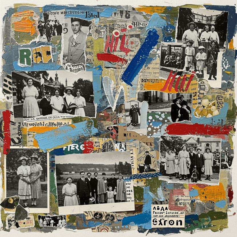 Mixed media collage combining vintage photographs, colorful paper cutouts, painted elements, and typography in an artistic composition
