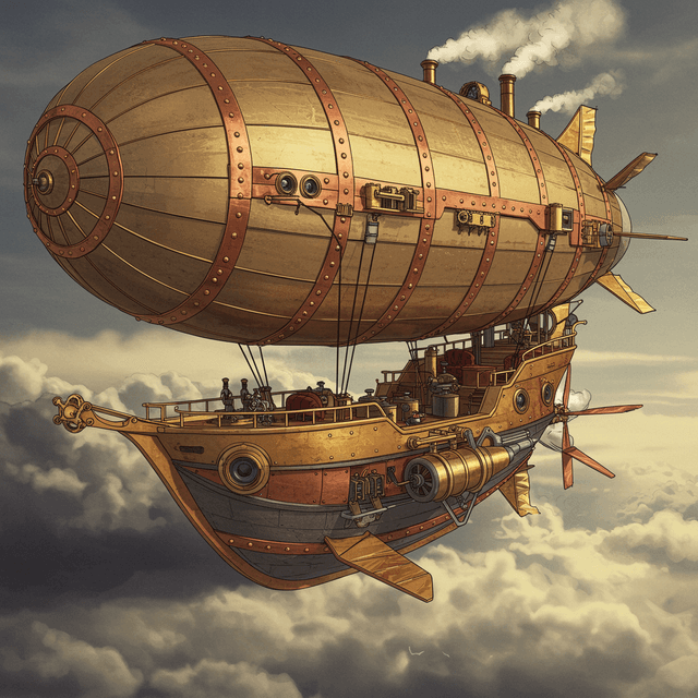 Detailed steampunk illustration of a brass and copper airship with gears, valves, and steam engines flying through cloudy Victorian-era skies