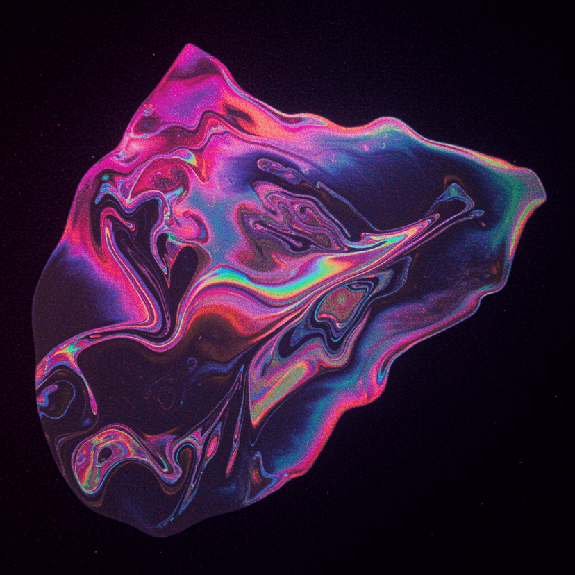 Holographic abstract design with iridescent rainbow colors and reflective textures on dark background