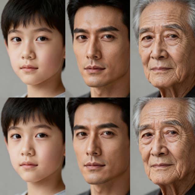 Age progression portrait of the same person at ages 10, 25, 45, and 70, consistent facial features, photorealistic, studio lighting, neutral background