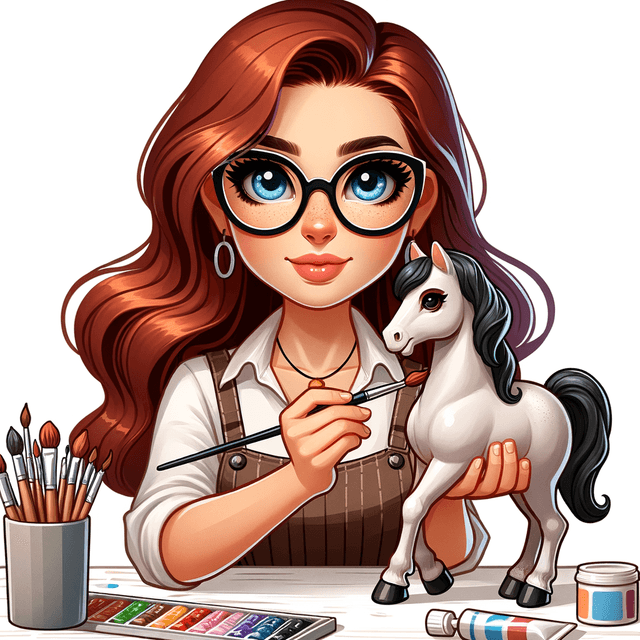 Cartoon style picture, a 25-year-old girl with dark red hair, blue eyes and black rectangular glasses holds a figurine of a horse in her hands and paints the figurine with a brush, the girl sits at a white table, on the table there are acrylic tubes, dry pastels and brushes