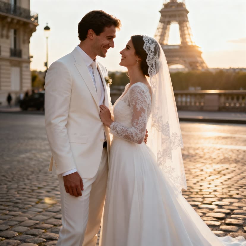 Elegant wedding photo of a bride and groom during golden hour, natural light, shallow depth of field, candid joyful moment, professional photography