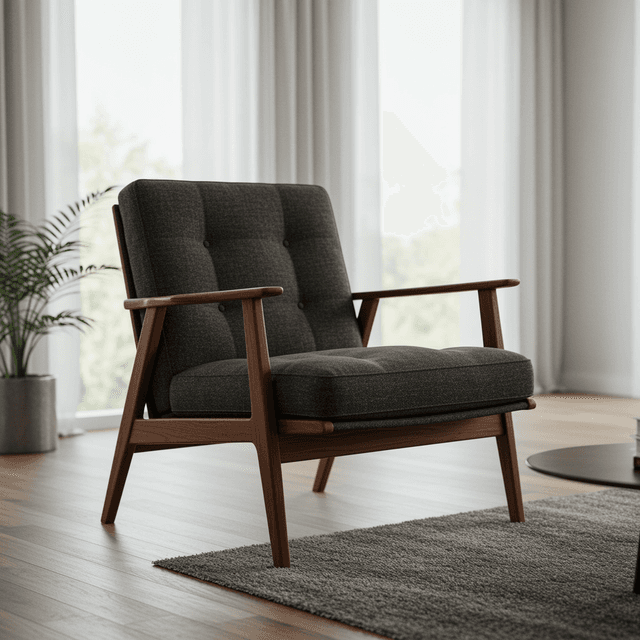Elegant mid-century modern armchair with wooden frame, plush upholstery, and clean lines, positioned in a minimalist living room with natural lighting