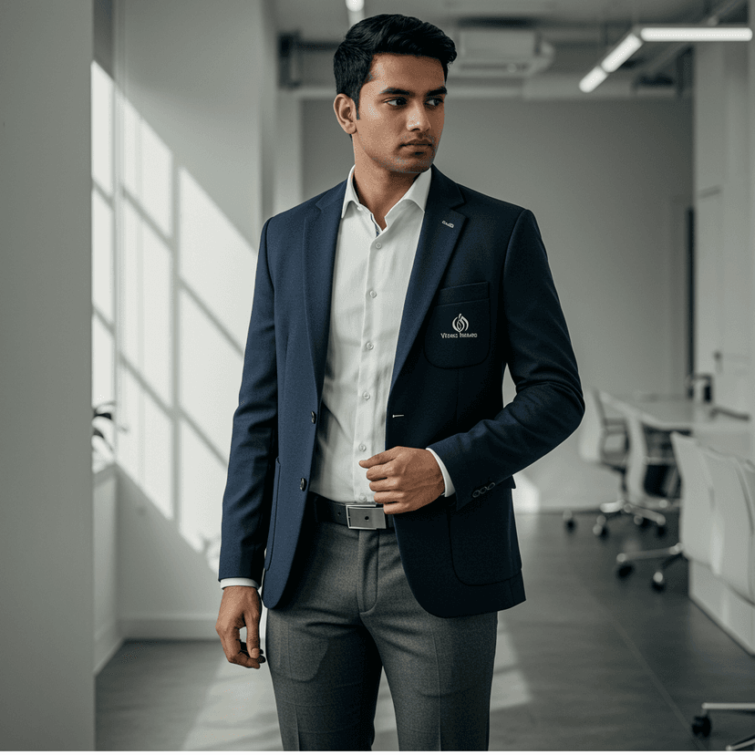 Professional modern corporate uniform with tailored blazer, crisp shirt, and subtle branding elements, displayed on a model in a clean office environment
