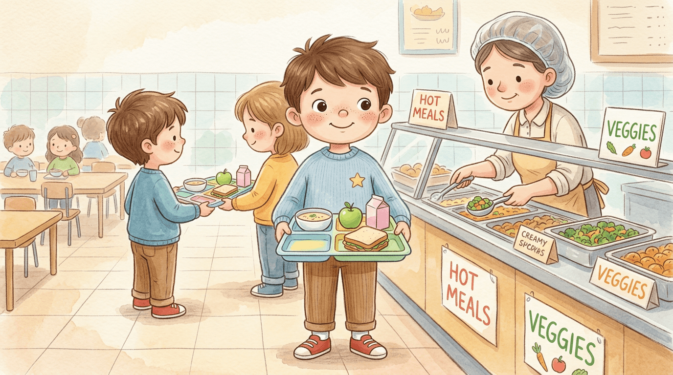 David stays in the line to get his lunch tray. He waits patiently for his turn.