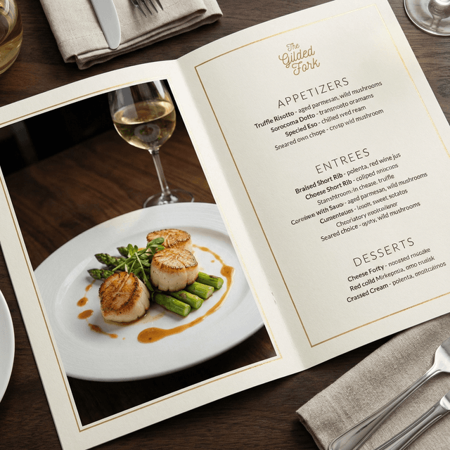 Elegant restaurant menu design with appetizing food photography and clean typography