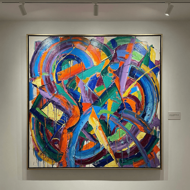 Bold abstract art composition, vibrant colors, dynamic shapes and forms, expressive brushstrokes, modern contemporary style, museum-quality abstract painting