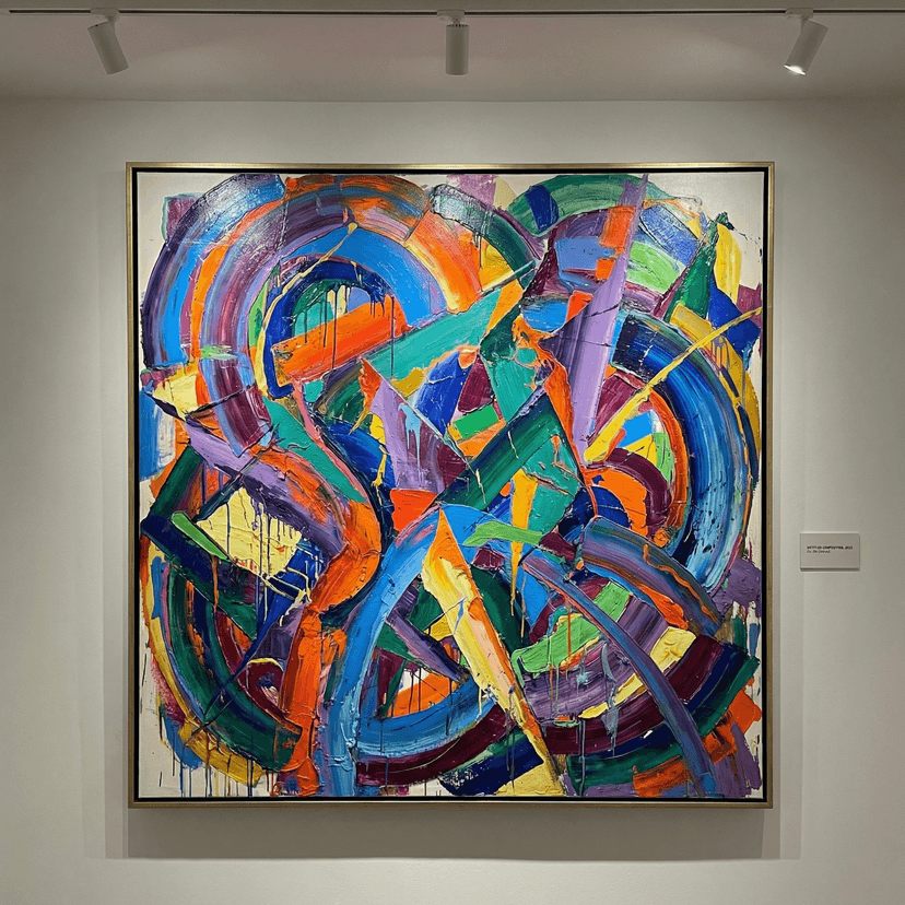 Bold abstract art composition, vibrant colors, dynamic shapes and forms, expressive brushstrokes, modern contemporary style, museum-quality abstract painting