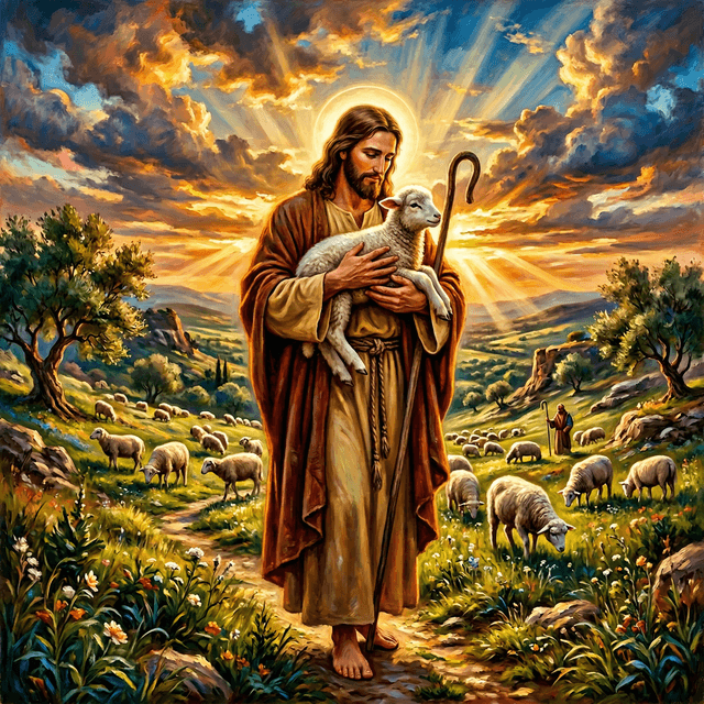 Jesus Christ the Good Shepherd holding a little lamb tenderly in his arms, standing on a hillside at golden hour sunset, warm divine light rays breaking through dramatic clouds above, lush green pasture with sheep grazing in the background, rich oil painting style with visible brushstrokes, classical Renaissance color palette with deep golds and warm earth tones, cinematic composition, ultra detailed masterpiece
