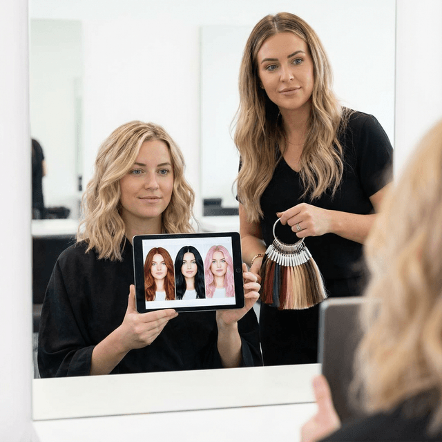 Professional portrait photo with vibrant hair color, natural lighting, salon-quality hair styling, realistic hair texture and shine, fashion photography, high-resolution detail showing hair color variation and depth