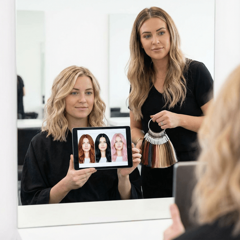 Professional portrait photo with vibrant hair color, natural lighting, salon-quality hair styling, realistic hair texture and shine, fashion photography, high-resolution detail showing hair color variation and depth