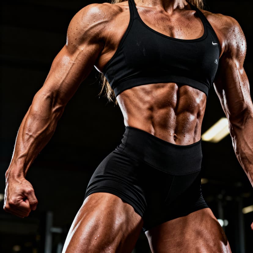 Professional bodybuilder photo showing detailed muscle definition with dramatic lighting