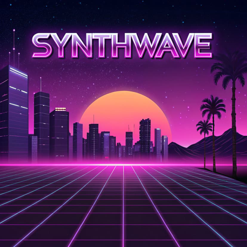 Retro-futuristic synthwave landscape with neon grid horizon, chrome text, and purple sunset