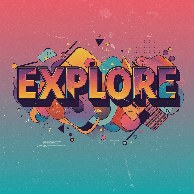 Artistic typography design of the word "Explore" using bold, colorful 3D letters with abstract shapes and patterns integrated into the text, dynamic composition, vibrant background.