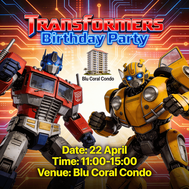 invitation to birthday party, transformers theme, Blu Coral Condo, 22 Arpil. 11:00-15:00