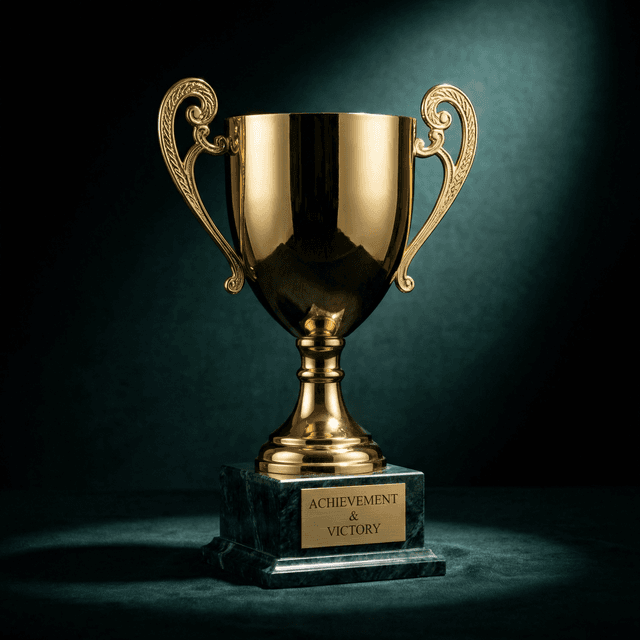 Elegant trophy design, golden award cup on marble base, dramatic lighting, reflective metallic surface, achievement and victory symbol, product photography style