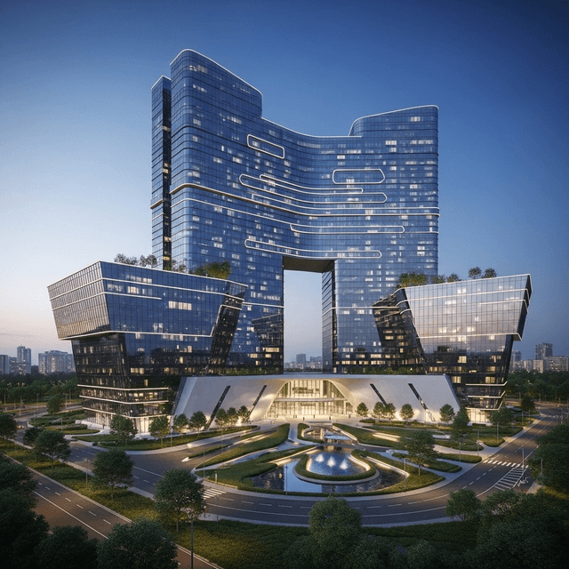 Architectural visualization with modern or classical building design, detailed structural rendering with materials and spatial composition, professional architectural concept showcasing form and function, photorealistic or artistic architectural illustration