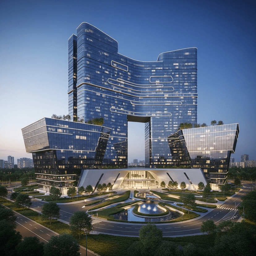 Architectural visualization with modern or classical building design, detailed structural rendering with materials and spatial composition, professional architectural concept showcasing form and function, photorealistic or artistic architectural illustration