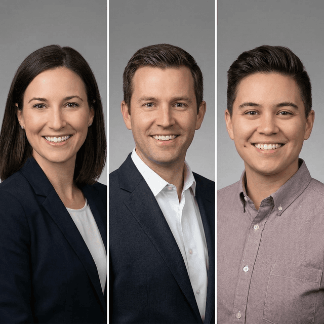 Professional corporate headshot with consistent lighting and background