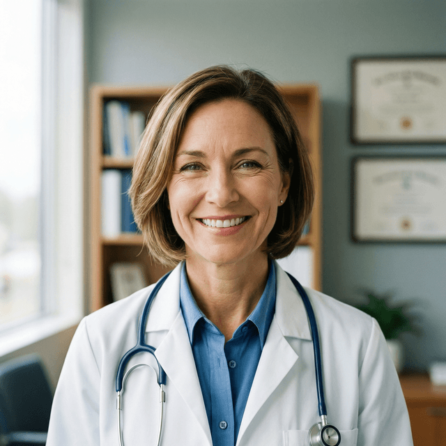 Professional doctor headshot in white coat with trustworthy expression