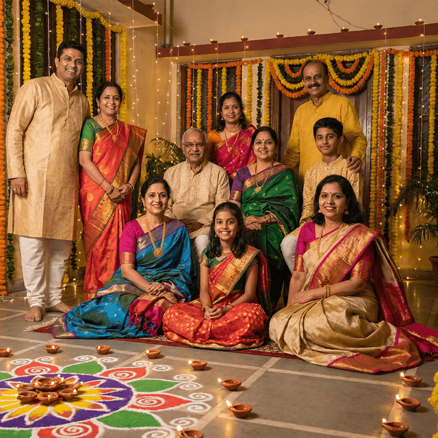 Beautiful Diwali celebration portrait, traditional Indian attire, diyas and string lights, rangoli decorations, warm golden glow, festive atmosphere