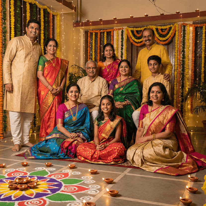 Beautiful Diwali celebration portrait, traditional Indian attire, diyas and string lights, rangoli decorations, warm golden glow, festive atmosphere