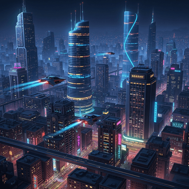 Futuristic cyberpunk aesthetic with neon lights in vibrant pink, blue and purple, dark urban atmosphere with rain-slicked surfaces, high-tech elements mixed with gritty dystopian streets, holographic displays and digital billboards, moody sci-fi setting with dramatic contrasts between bright neon and deep shadows