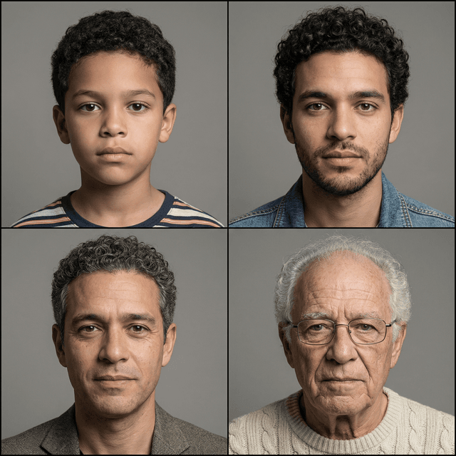Age progression portrait of the same person at ages 10, 25, 45, and 70, consistent facial features, photorealistic, studio lighting, neutral background