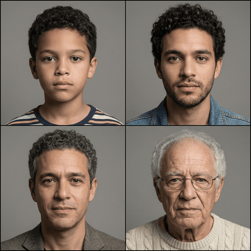 Age progression portrait of the same person at ages 10, 25, 45, and 70, consistent facial features, photorealistic, studio lighting, neutral background