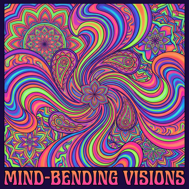 Vibrant psychedelic artwork, swirling rainbow colors, kaleidoscopic patterns, trippy optical illusions, neon hues, mind-bending fractals, 1960s inspired art