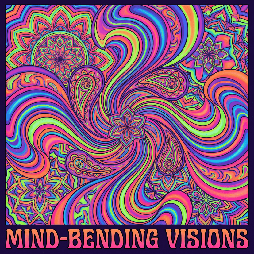 Vibrant psychedelic artwork, swirling rainbow colors, kaleidoscopic patterns, trippy optical illusions, neon hues, mind-bending fractals, 1960s inspired art