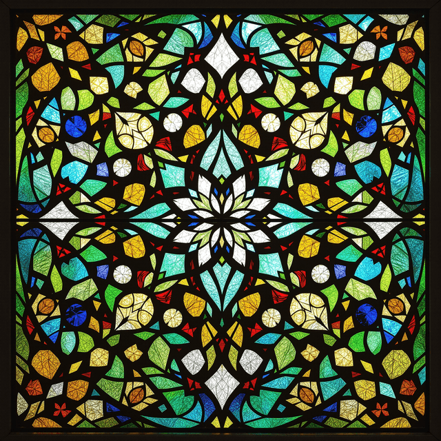 A vibrant stained glass window with geometric patterns and jewel tones