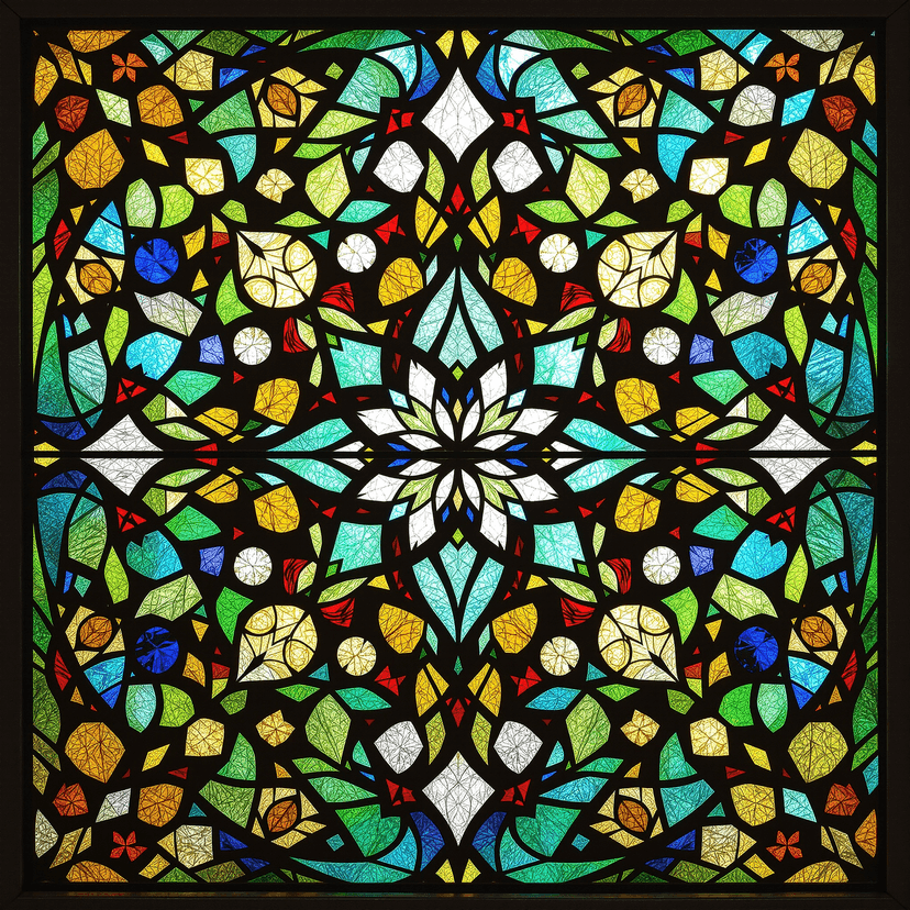 A vibrant stained glass window with geometric patterns and jewel tones