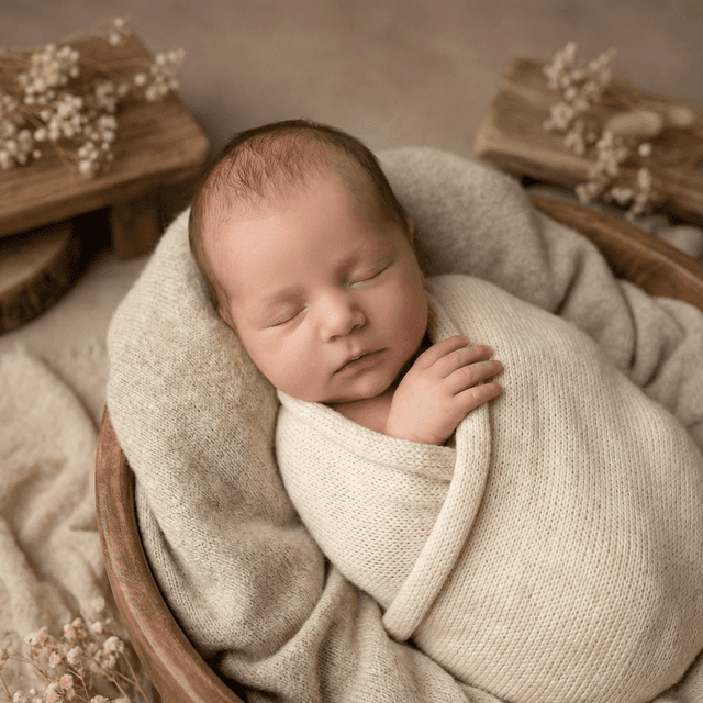Precious newborn baby portrait, soft blanket wrap, gentle studio lighting, warm neutral tones, peaceful sleeping pose, professional newborn photography