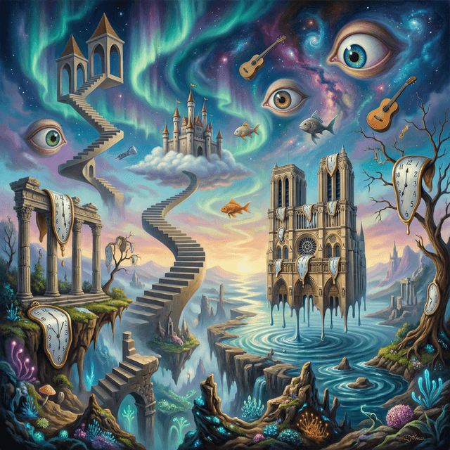 Surreal dreamlike artwork, impossible architecture, floating objects, melting clocks, vivid imagination, fantasy landscape, mind-bending perspective, ethereal atmosphere