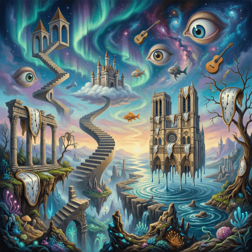 Surreal dreamlike artwork, impossible architecture, floating objects, melting clocks, vivid imagination, fantasy landscape, mind-bending perspective, ethereal atmosphere