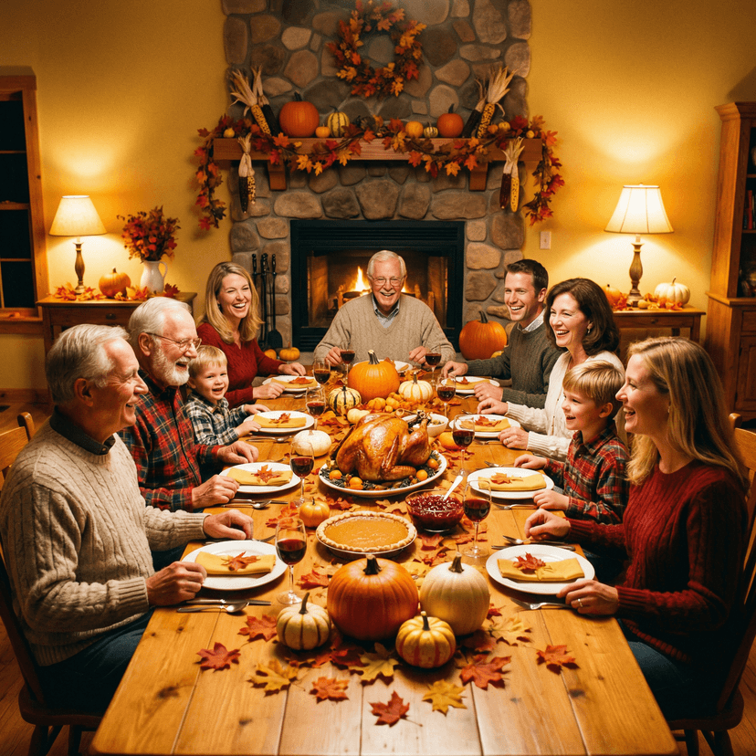 Warm Thanksgiving family photo, autumn colors, harvest decorations, pumpkins and fall leaves, cozy dining scene, warm golden lighting
