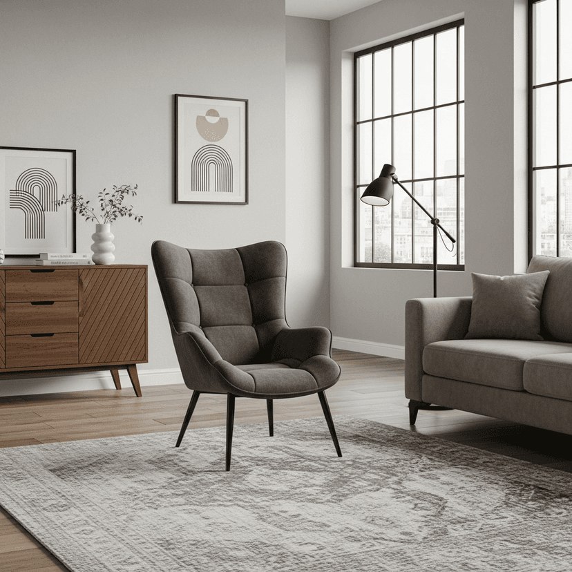 Elegant mid-century modern armchair with wooden frame, plush upholstery, and clean lines, positioned in a minimalist living room with natural lighting