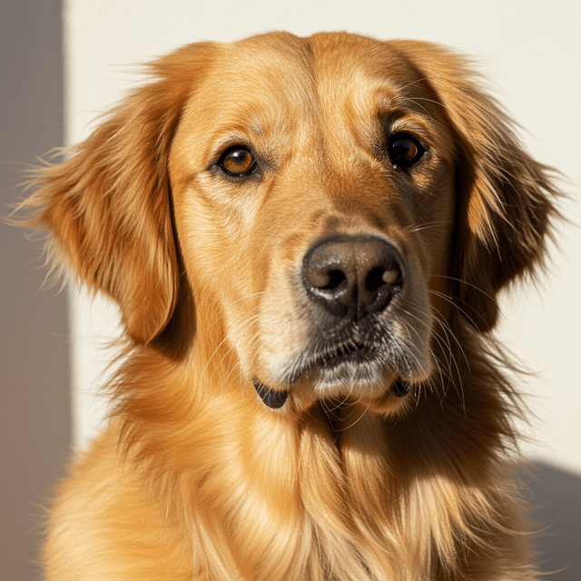 Detailed portrait of a golden retriever with expressive eyes, soft fur texture, and gentle expression, set against a neutral background with natural lighting