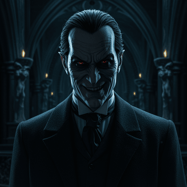 Menacing villain character with dark attire and dramatic lighting, sinister expression