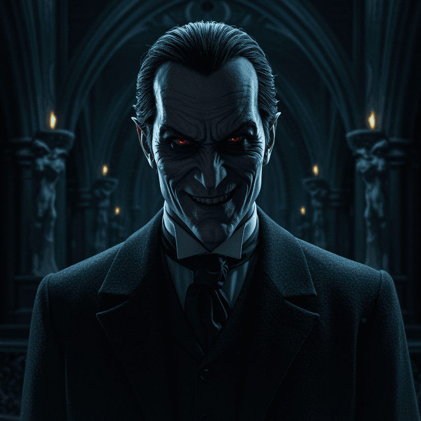 Menacing villain character with dark attire and dramatic lighting, sinister expression