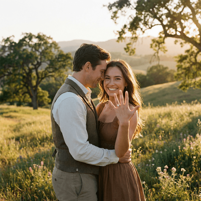 Romantic engagement portrait, couple with engagement ring, golden hour lighting, beautiful outdoor setting, loving expressions, professional photography quality