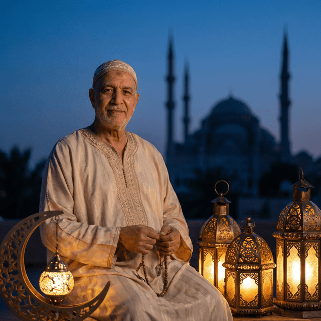 Beautiful Ramadan portrait, crescent moon and lanterns, traditional attire, soft warm lighting, mosque silhouette in background, peaceful spiritual atmosphere