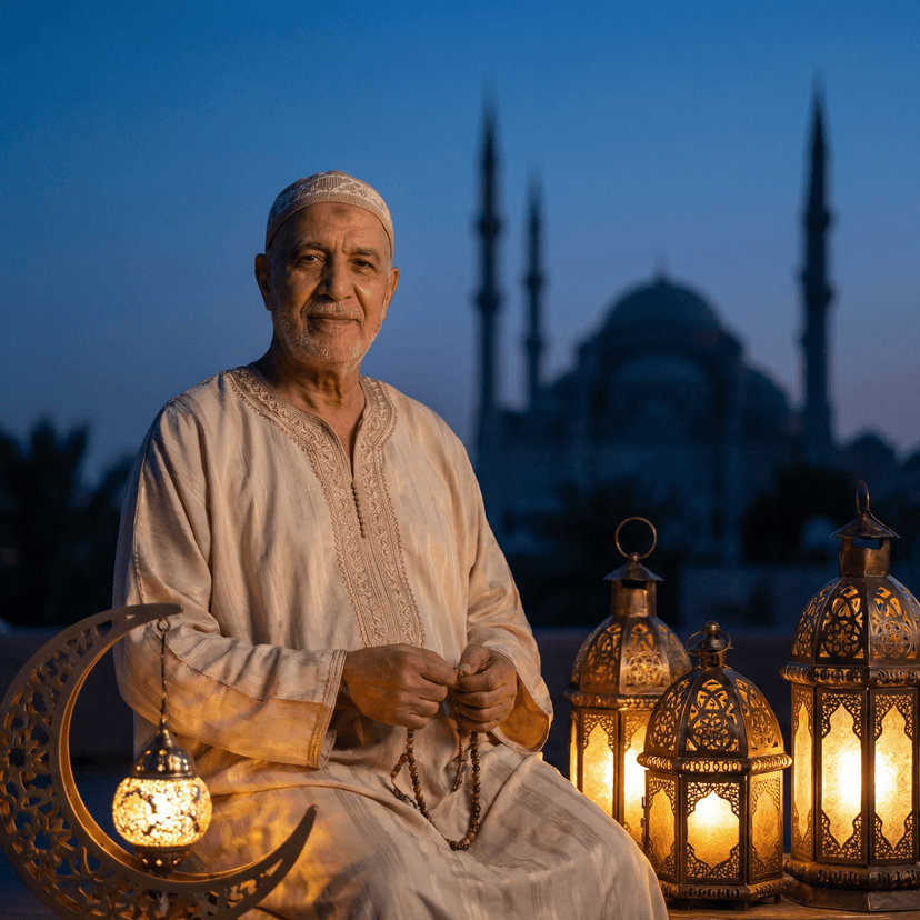 Beautiful Ramadan portrait, crescent moon and lanterns, traditional attire, soft warm lighting, mosque silhouette in background, peaceful spiritual atmosphere