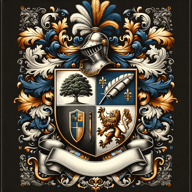 A noble family crest with a shield, lions, and intricate heraldic designs