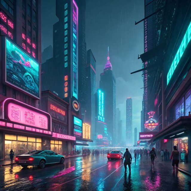 Neonpunk cityscape with bright neon signs, holographic displays, and rain-slicked streets in a futuristic urban setting