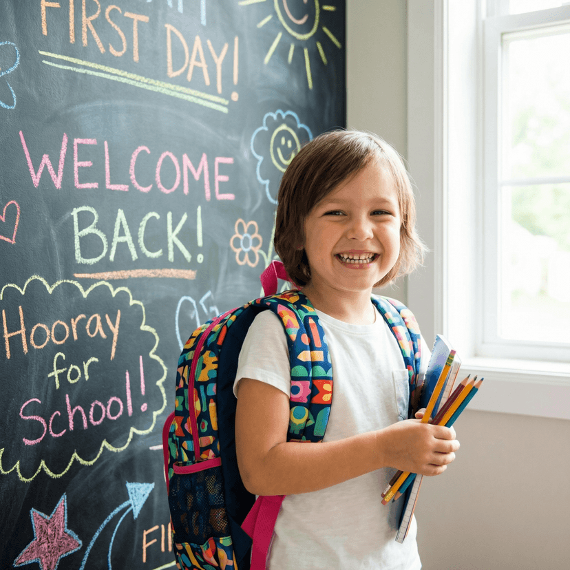 Fun back to school portrait, wearing backpack, school supplies, chalkboard background, bright and cheerful colors, excited first day of school expression