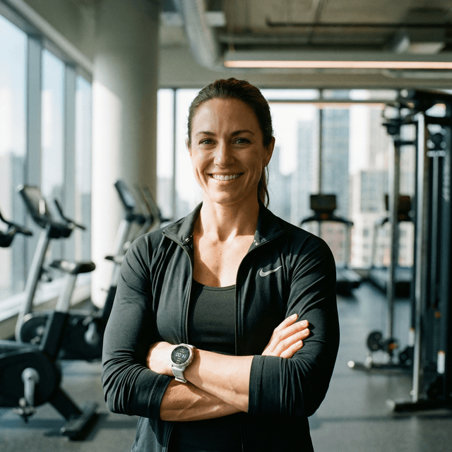 Personal trainer headshot with athletic confidence and professional fitness attire