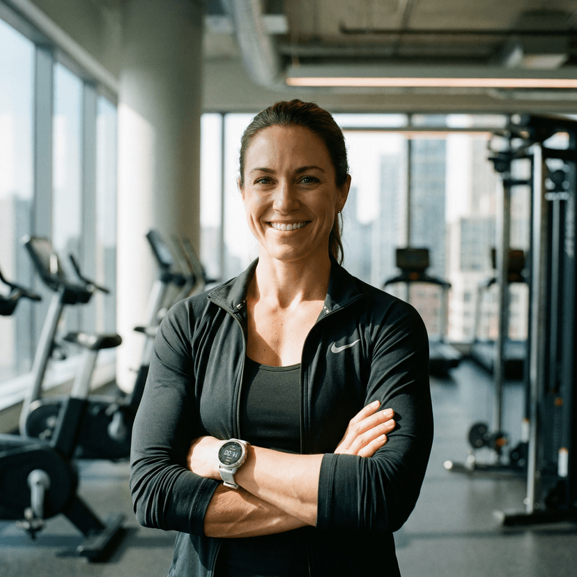 Personal trainer headshot with athletic confidence and professional fitness attire