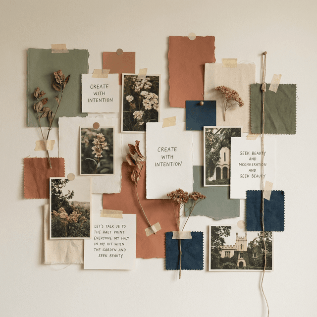 Creative moodboard collage with curated images and textures, cohesive color palette and visual theme, artistic arrangement with balanced composition, mixed media elements and typography, inspirational aesthetic with harmonious flow